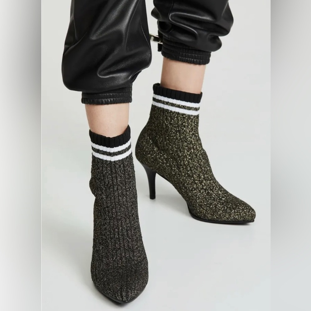 STUART WEITZMAN Waverly Sock Booties Black and Gold Glitter w/Stripe Top sz. 9.5